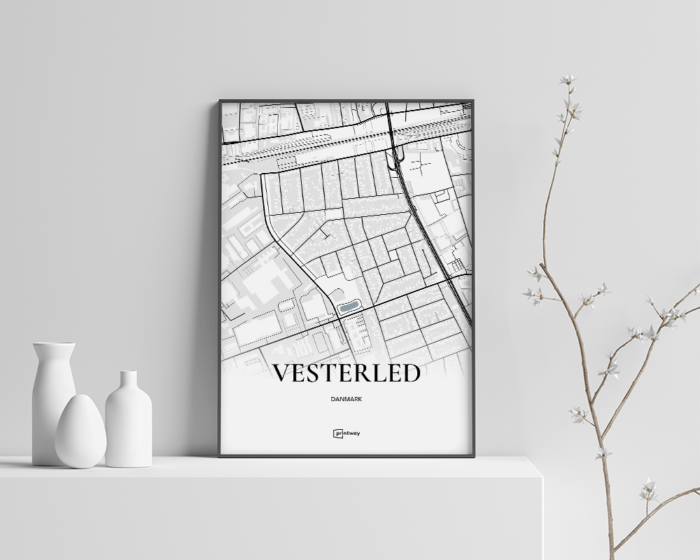 Vesterled Brøndby Bykort Plakat - Minimalistisk Design 30 cm