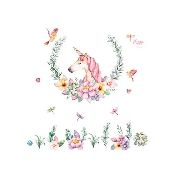 Sød Enhjørning Wallsticker med Blomster - Magisk Indretning!